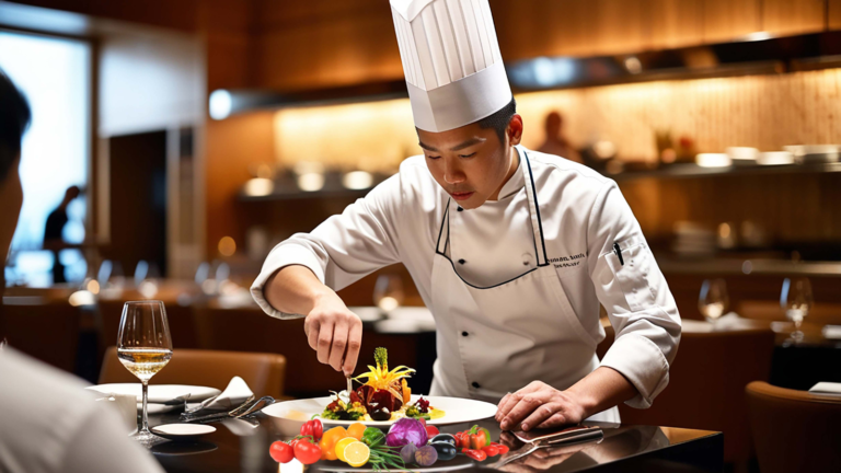 Elegantly plated vegetarian tasting menu dish on white linen tablecloth with candlelight