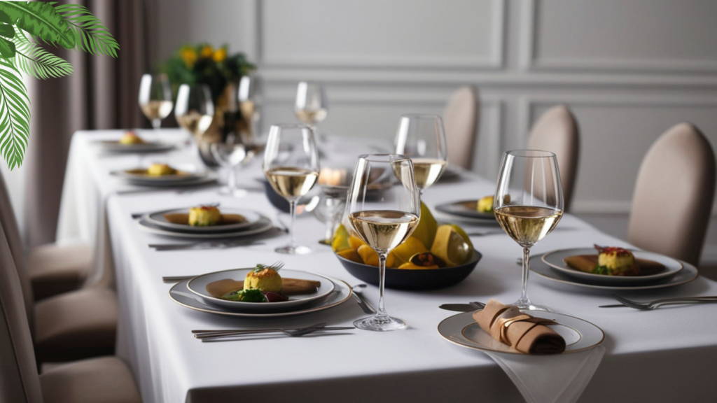 Overhead view of a multi-course vegetarian tasting menu spread across a beautifully set dining table