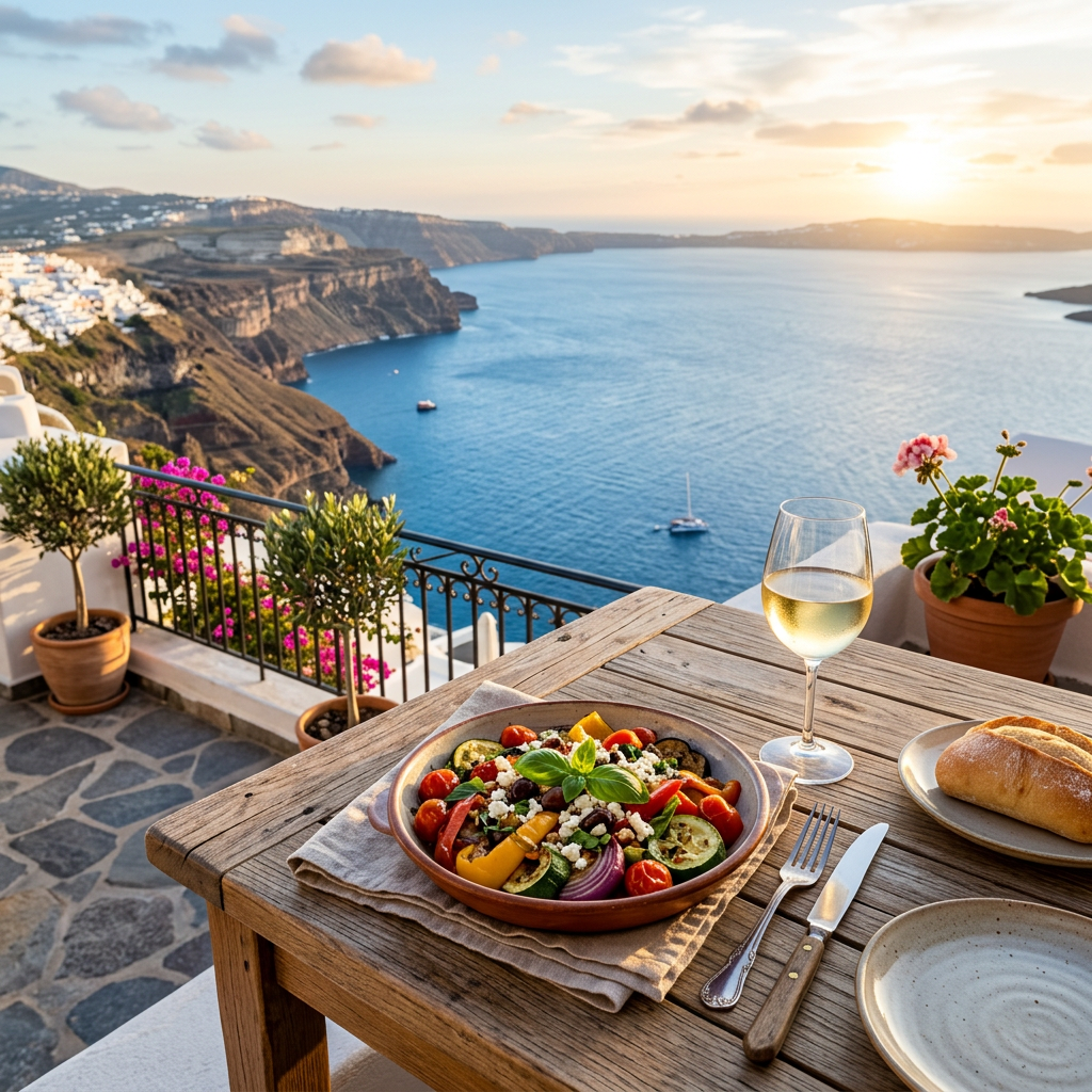 Table with vegetable salad, white wine, bread, and cutlery on terrace overlooking blue sea and cliffs at sunset