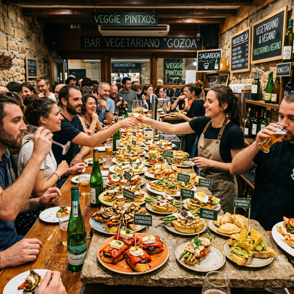 Group of people socializing and drinking at a vegetarian pintxos bar with various small dishes on the table
