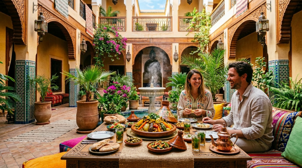 Couple dining at table with Moroccan food in decorative courtyard with plants and fountain