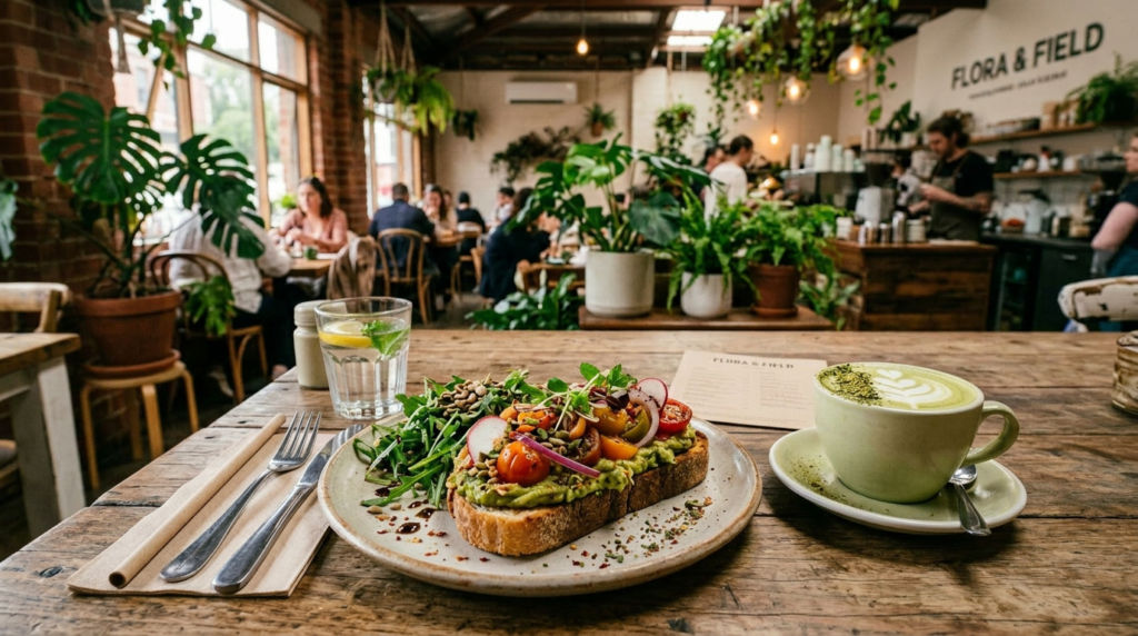 Avocado toast with salad, glass of water, and matcha latte on wooden table in cafe