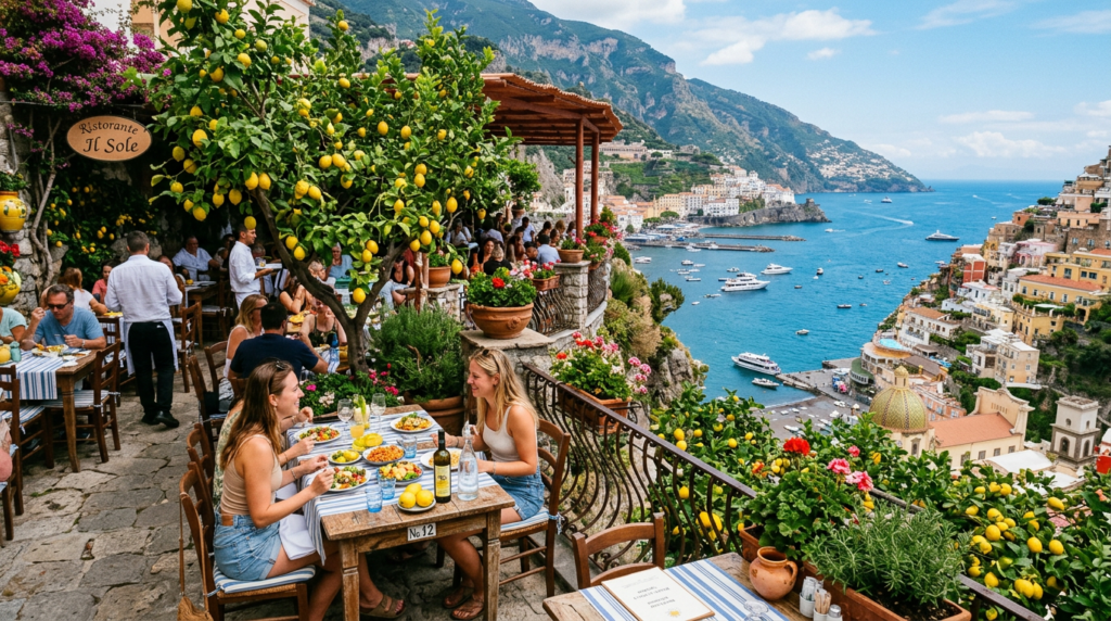 Outdoor dining terrace with lemon trees overlooking the Amalfi Coast and boats in the sea