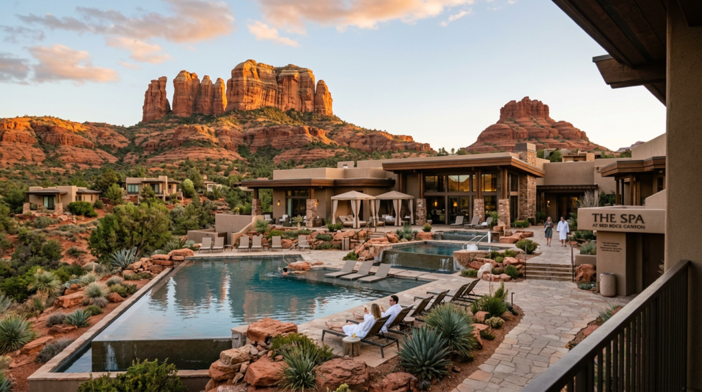 Outdoor spa pool area with lounge chairs and guests relaxing amid red rock landscape