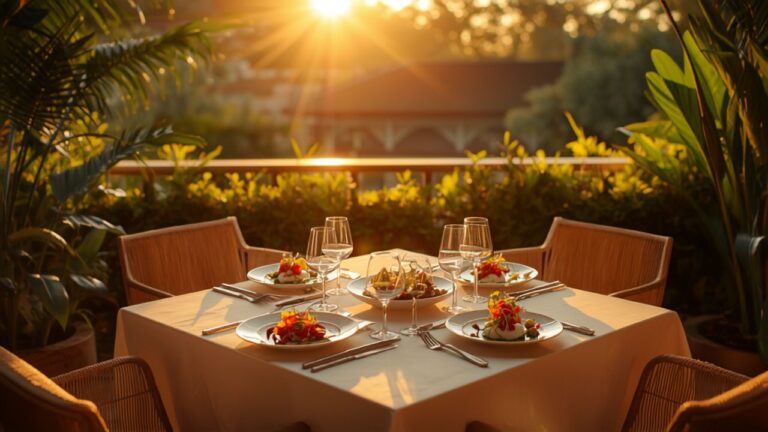 Luxury hotel terrace dining with plant-based fine dining dishes - best hotels for vegetarian travelers