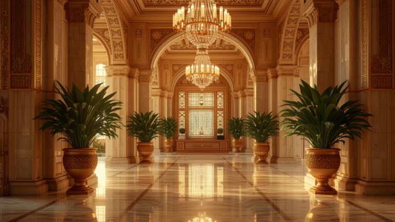 luxury vegetarian India - elegant hotel lobby in Delhi with nature views