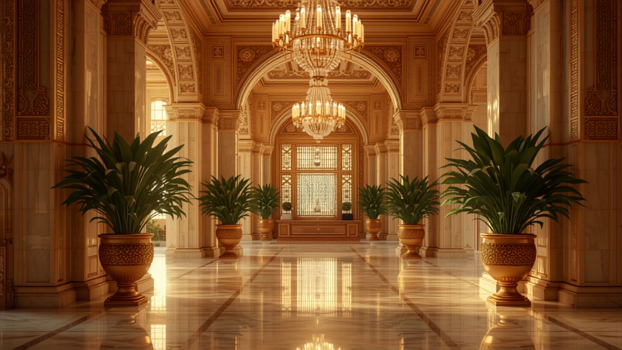 luxury vegetarian India - elegant hotel lobby in Delhi with nature views