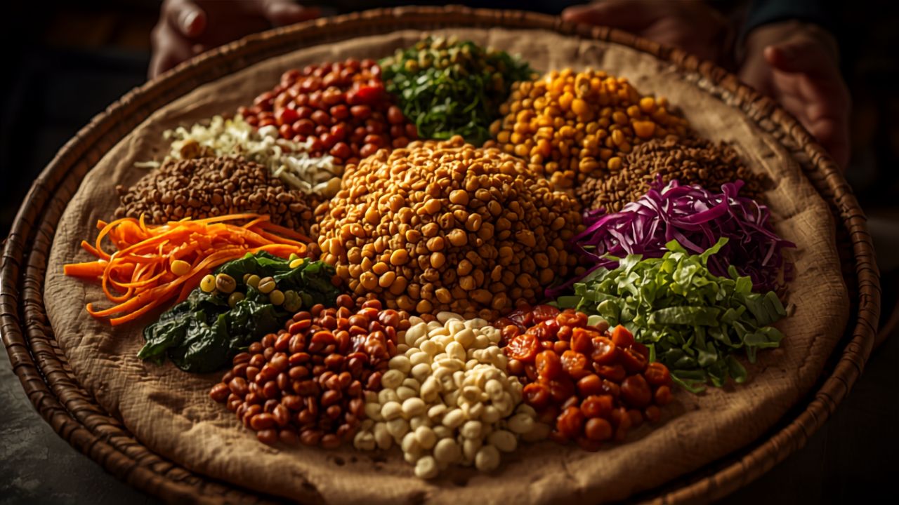 vegetarian food cultures of Ethiopia - a beyaynetu injera platter