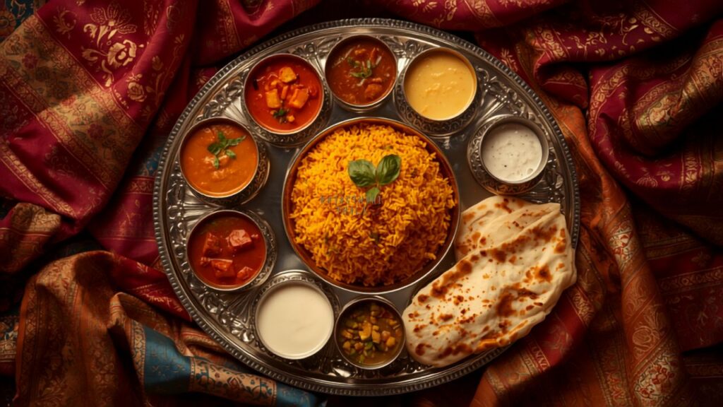 luxury vegetarian India - lavish Rajasthani thali with traditional textiles