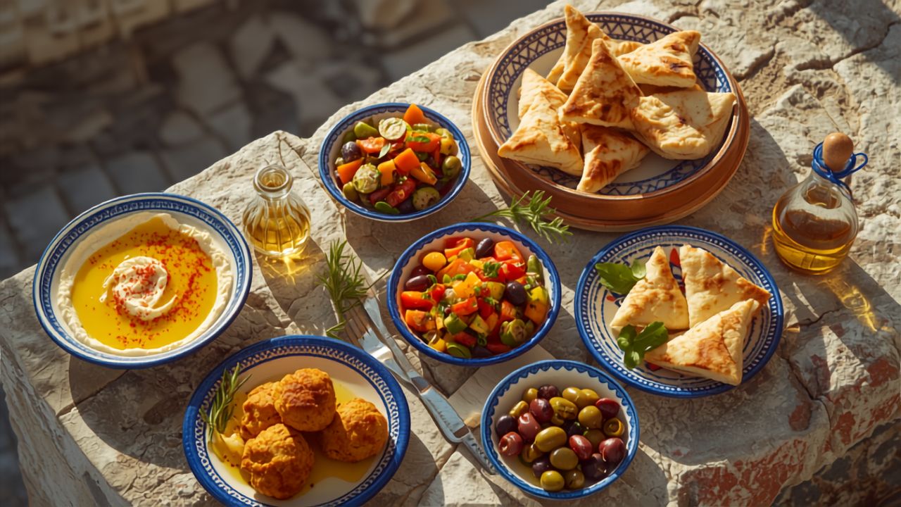 Mediterranean vegetarian food cultures - a sunlit mezze spread