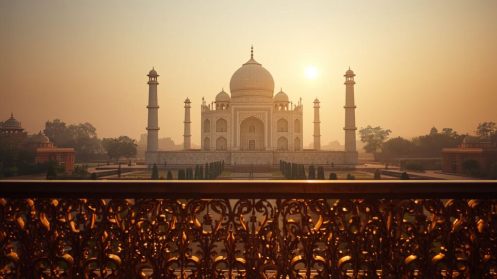 luxury vegetarian India - Taj Mahal at sunrise with golden light
