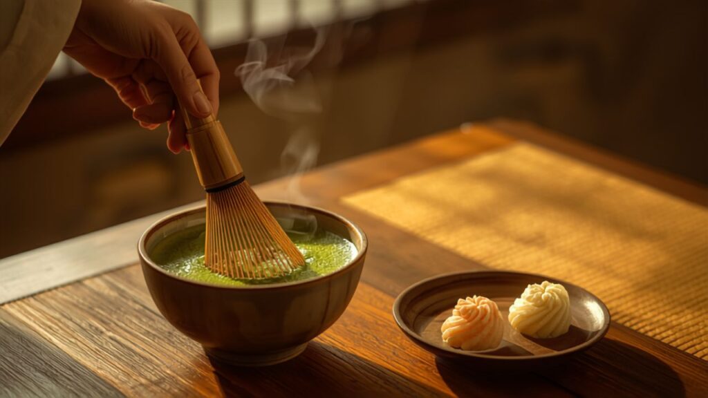 luxury vegetarian Tokyo - traditional teahouse interior with matcha preparation
