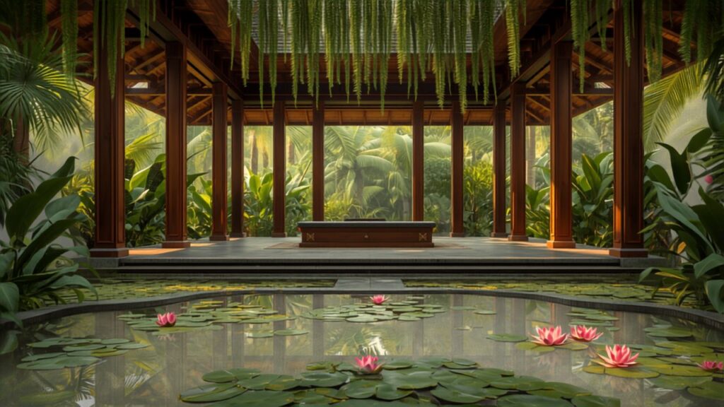 luxury vegetarian wellness retreats - serene Bali pavilion surrounded by tropical greenery