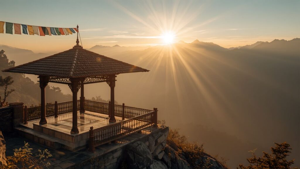 luxury vegetarian wellness retreats - yoga pavilion on a Himalayan mountainside at dawn