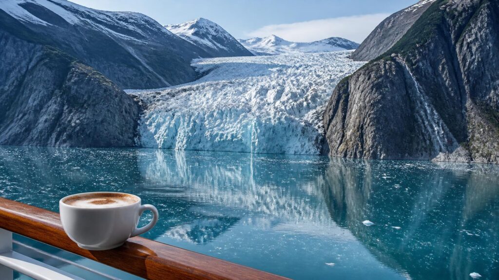 Cappuccino on a cruise balcony rail facing a tidewater glacier, a vegetarian cruise dining morning