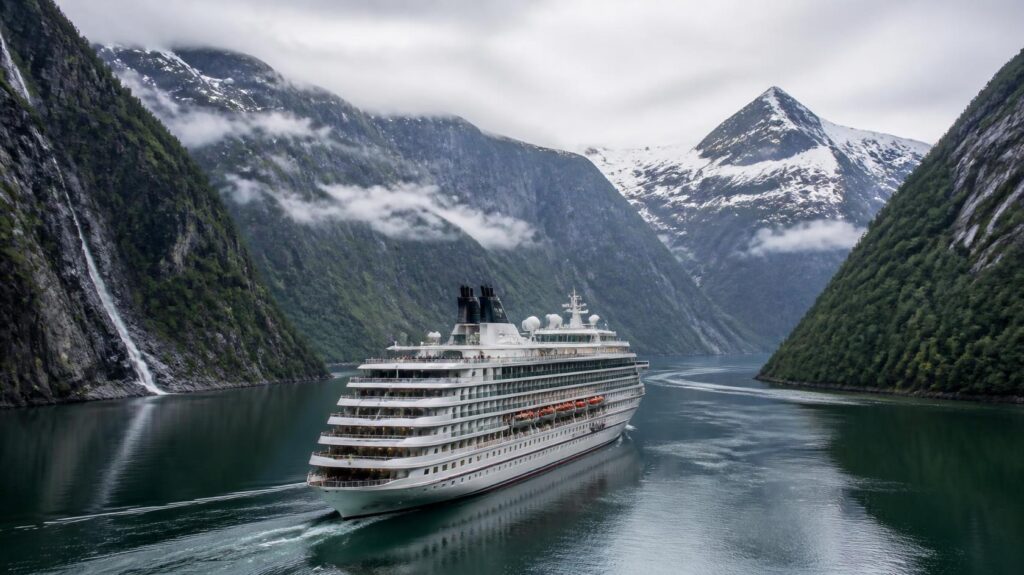 Cruise ship sailing an Alaskan fjord, the route of our vegetarian cruise dining voyage