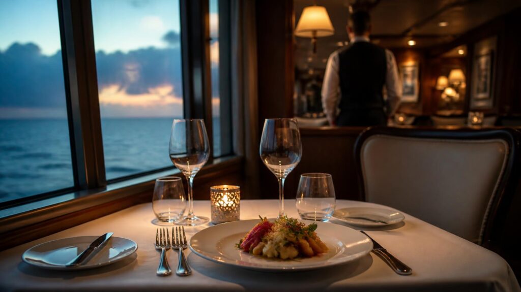 Reserved cruise dining room table set for dinner, the setting for nightly vegetarian cruise dining