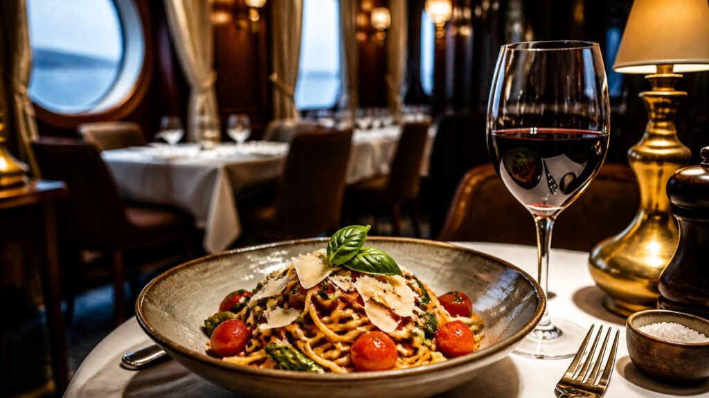 Vegetarian pasta at an Italian trattoria aboard ship, specialty restaurant vegetarian cruise dining