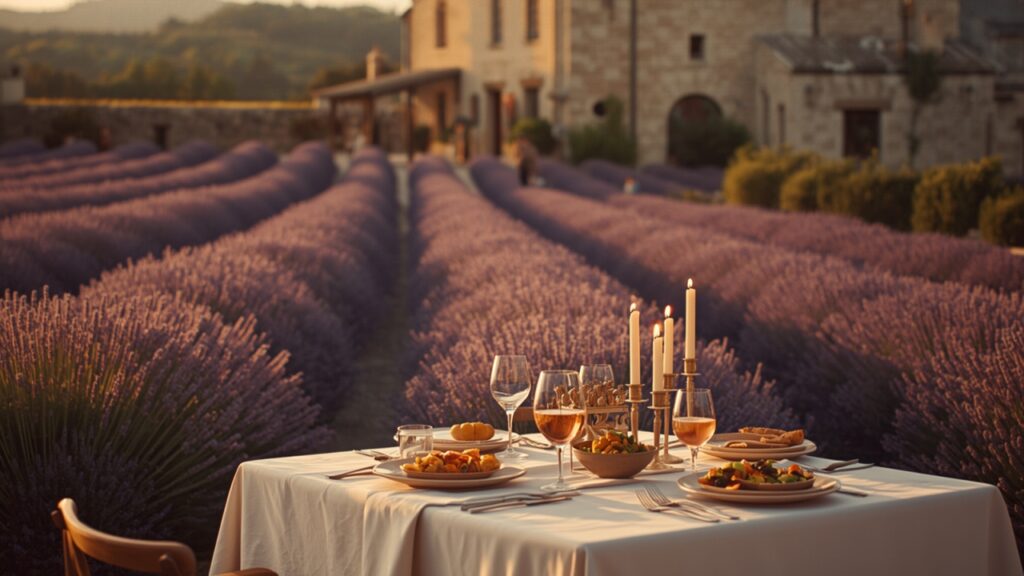 Luxury vegetarian travel by month - candlelit dinner table beside Provence lavender fields in July