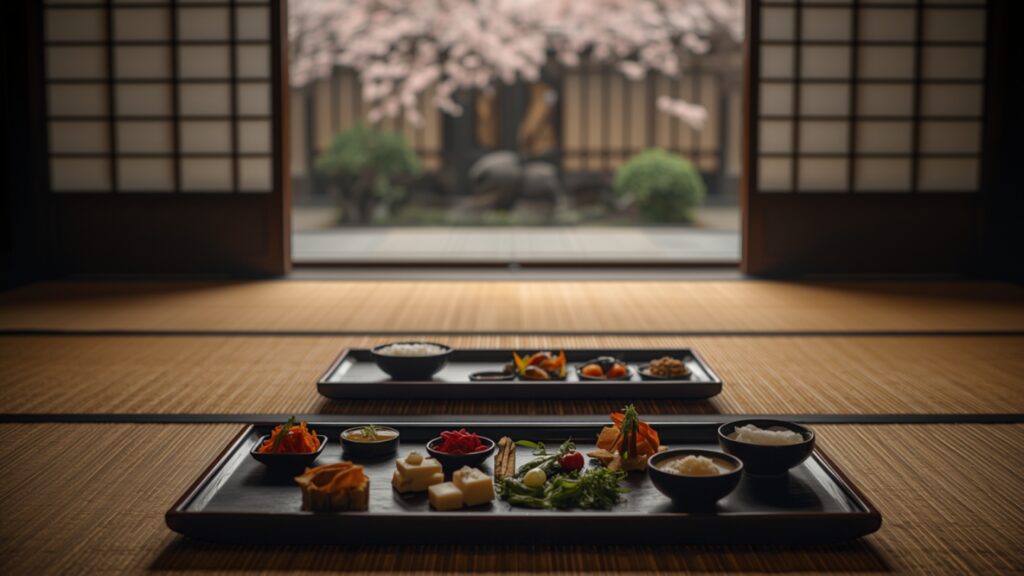 Luxury vegetarian travel by month - shojin ryori temple meal in Kyoto during cherry blossom season