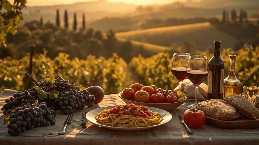 Luxury vegetarian travel by month - harvest table among Tuscan vineyards in September