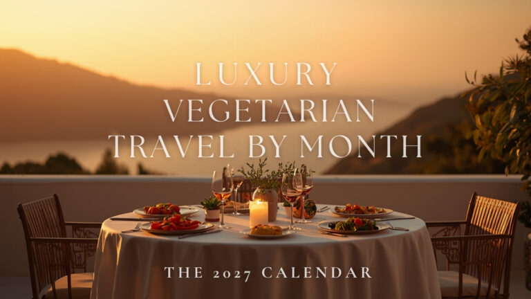 Luxury vegetarian travel by month - candlelit terrace dinner at golden hour