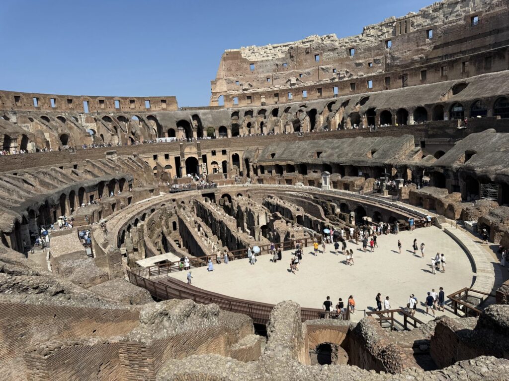 Rome 3 day itinerary - Colosseum arena floor and hypogeum from the stands