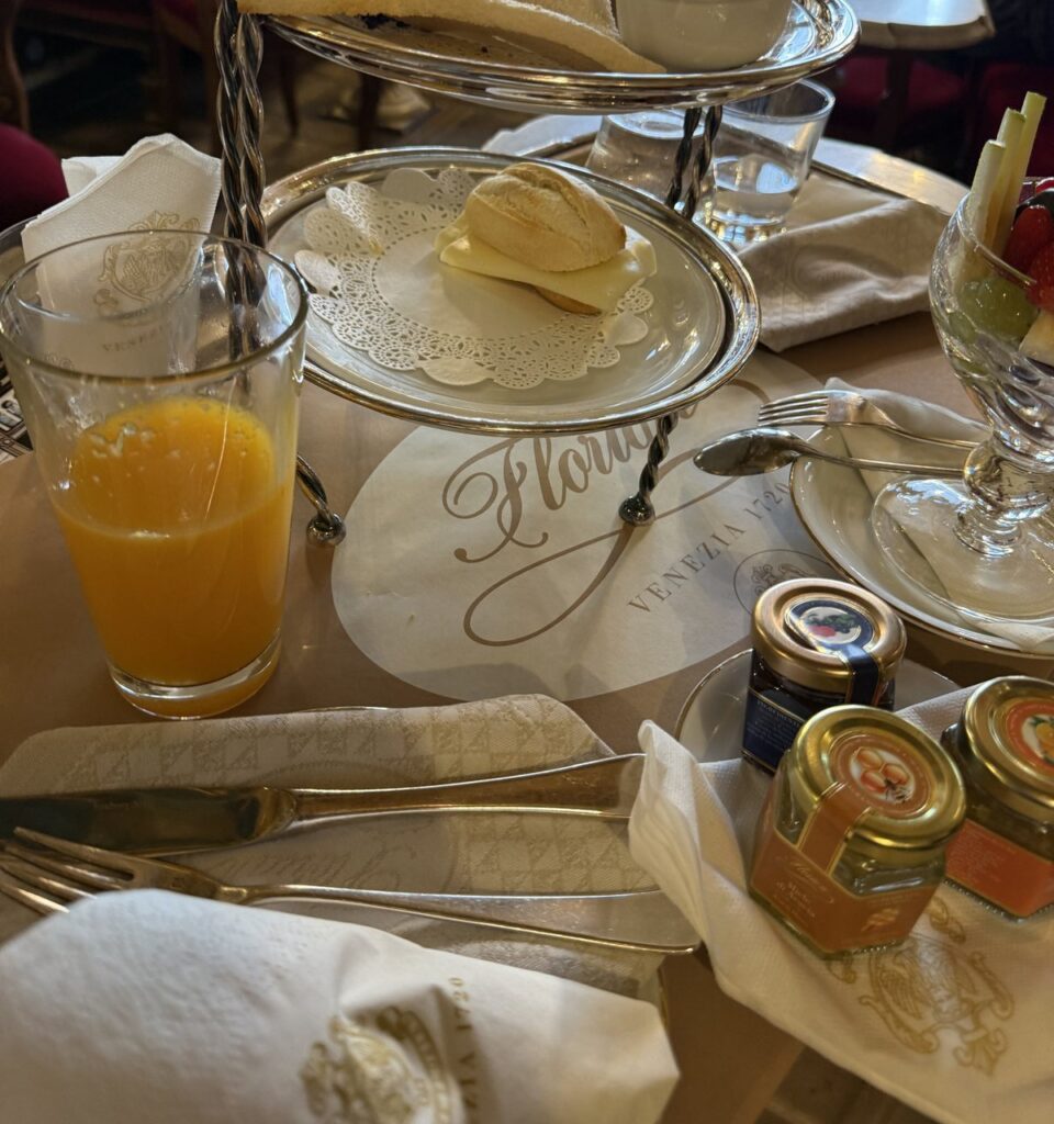 Venice 3 day itinerary - three-tier breakfast stand at Caffe Florian in St. Mark's Square